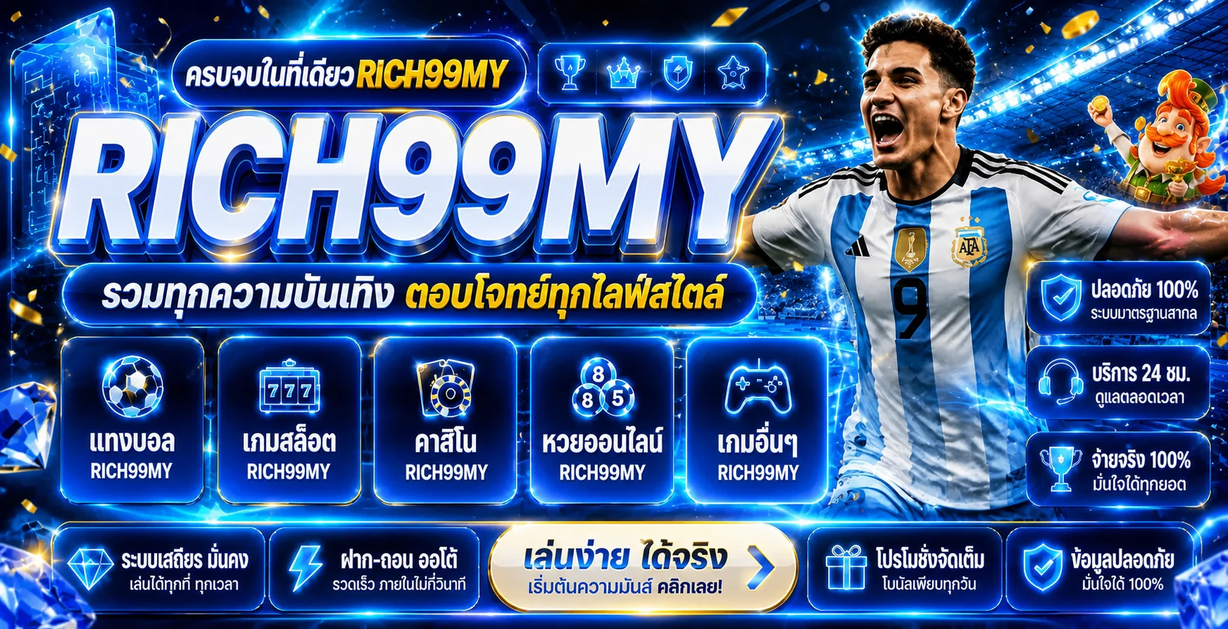 ภาพรวมบริการและทางเข้า RICH99MY โทนฟ้าและทอง